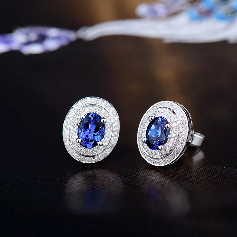 LOVERJEWELRY Taznzanite Stud Earrings Jewelry Oval 5x7mm Blue Tanzanites Solid 14kt White Gold Diamonds Earrings Sets for Women - Image 2