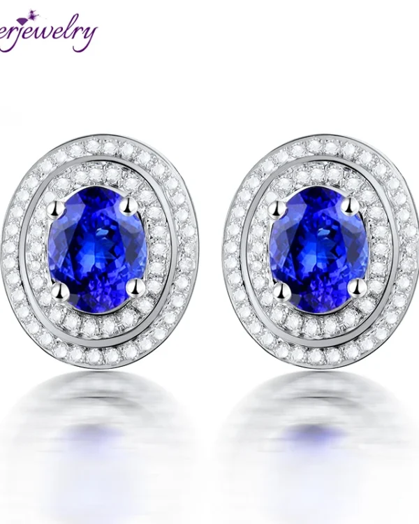 LOVERJEWELRY Taznzanite Stud Earrings Jewelry Oval 5x7mm Blue Tanzanites Solid 14kt White Gold Diamonds Earrings Sets for Women