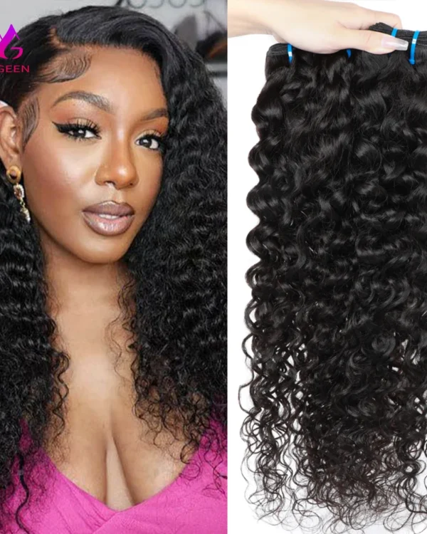 Megeen Brazilian 30 Inch Virgin Human Hair Extensions Water Wave 3/4 Bundles Double Weft Weave Hair For Women Natural Black Remy