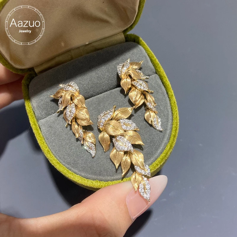 Aazuo Luxury Jewelry Set 18K Yellow Gold Real Natrual Diamonds Leaf Earring & Pendent Without ChainFor Women Engagement Wedding