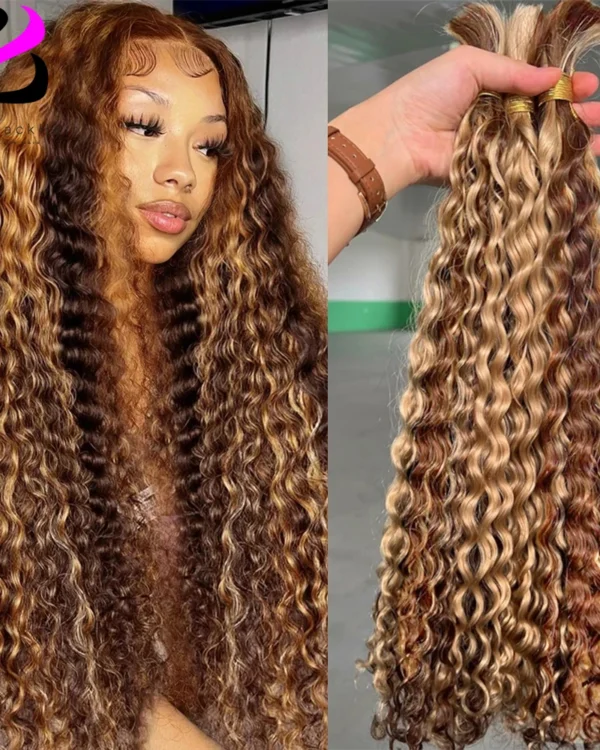 4 613 Highlight Bulk Human Hair For Braiding Honey Blonde Deep Wave Human Hair Bundles No Weft Bundles For Women Hair Extensions