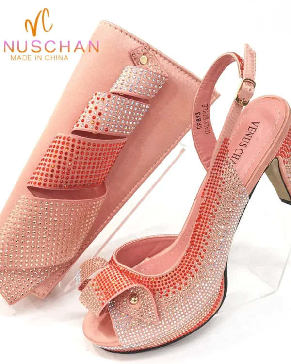 Venus Chan Newest INS Style Peach Color Rhinestone Elegant High Heels Nigeria Popular Design African Ladies Shoes And Bag Set