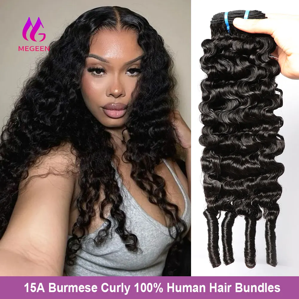 Megeen Deep Wave Burmese Curly Bundles with Spriral Ends 15A Unprocessed Virgin Hair Human Hair 1/3/4Pcs Weave Hair Extensions