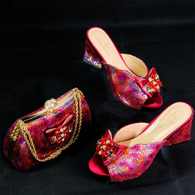 New 2024 Fashionable Designed Elegant Shoe Bag Bright BowTie African Women's Round Toe High Heels Shoes Wedding Party Banquet