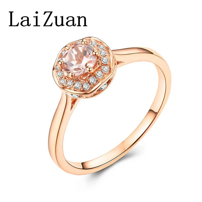 LaiZuan Solid 18k AU750 Yellow Gold Diamond Ring 4.5mm Round Natural Morganite Engagement Ring Wedding Bride Anniversary Gifts