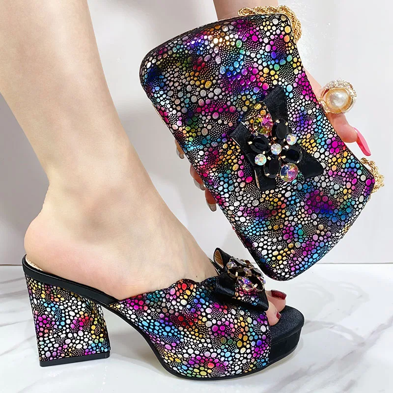 2024 New Fashionable Designed Elegant Shoe Bag Bright BowTie African Women's Round Toe High Heels Shoes Wedding Party Banquet